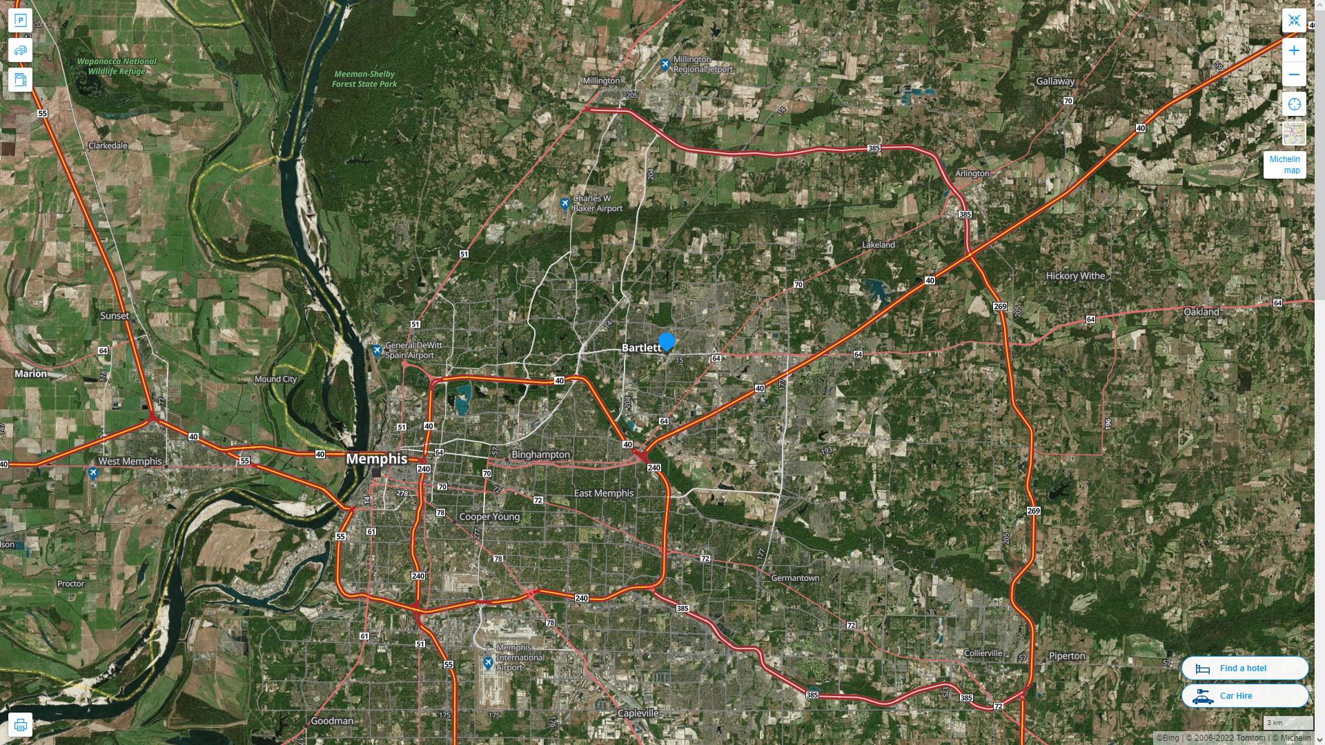 Bartlett Tennessee Highway and Road Map with Satellite View